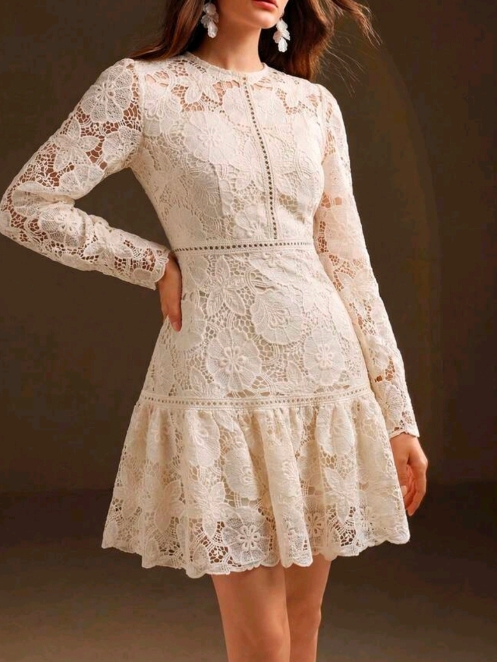 New Luxe Embroidered Floral Lace Long Sleeve Short Dress Ivory Cream